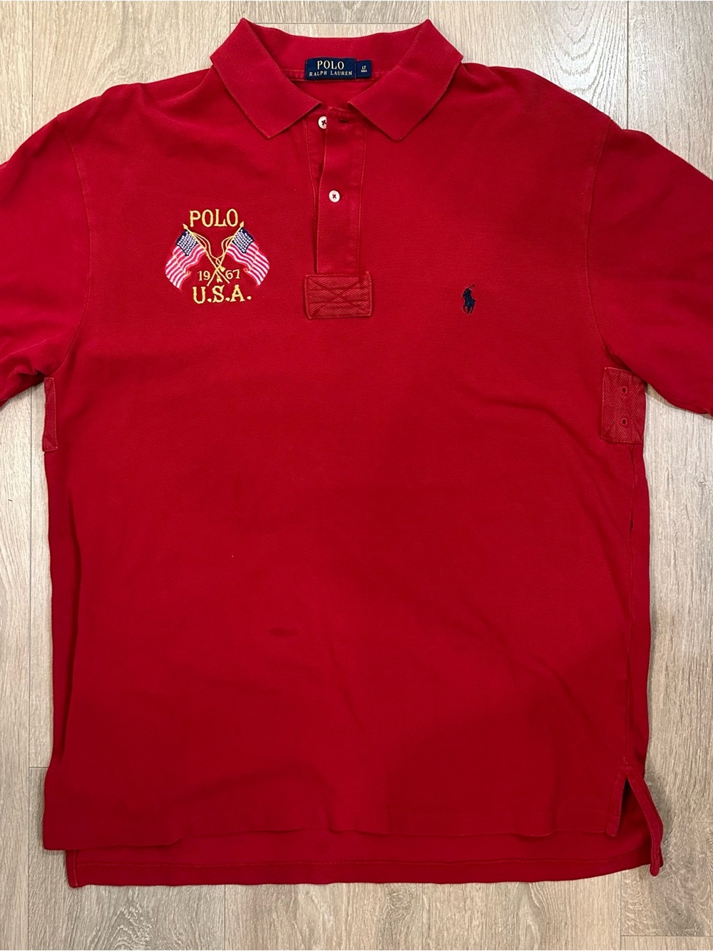 Ralph Lauren Red Polo with Embroidered USA Flag and Iconic Pony Menโs Large